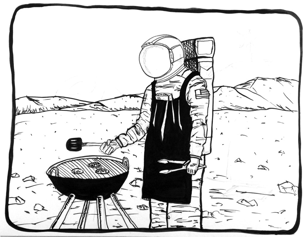 astronaut cooking burgers