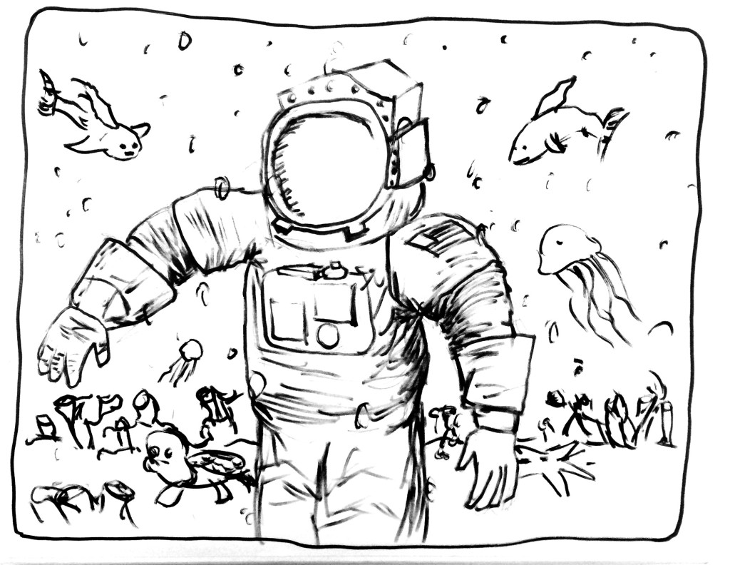 astronaut swimming with the fishes